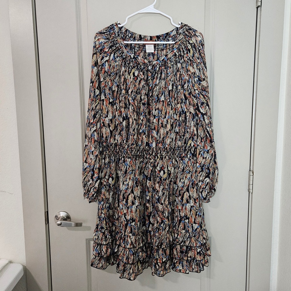 Scully Womens Multi Color Abstract Feather Print Smocked Waist Ruffle Dress L